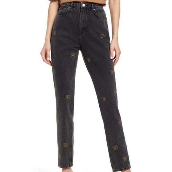 Amendi NWT Rosie Embroidered Straight Leg Jeans Black Gold Print Size 27 Cotton - Picture 1 of 11
